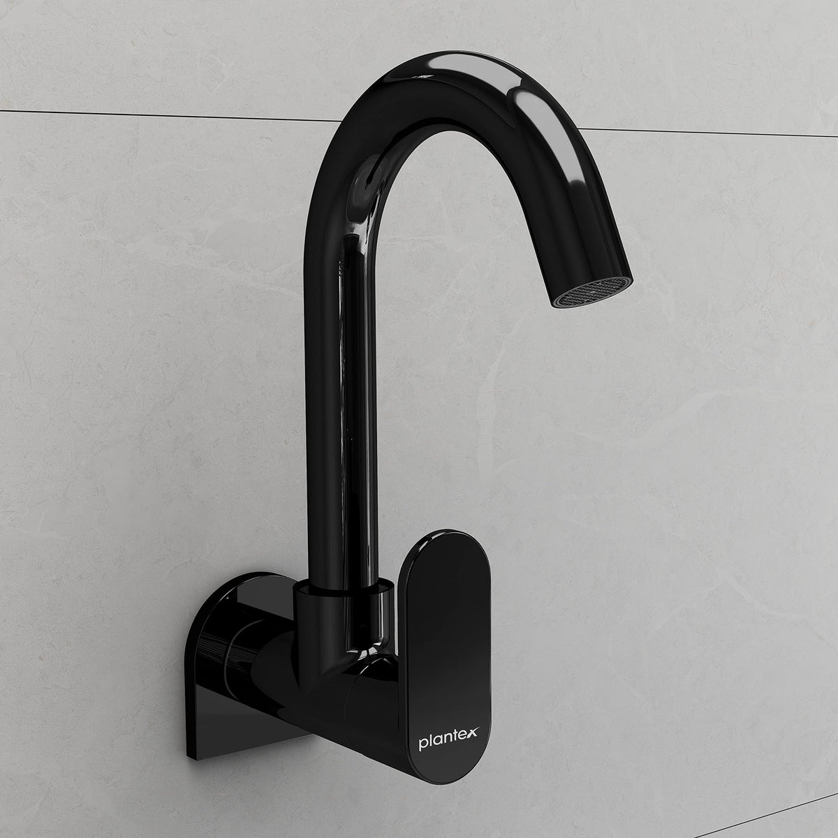 Plantex ORN-210 Pure Brass Sink Cock with 360° Swivel Spout/Single Lever Kitchen Faucet with Teflon Tape & Wall Flange - Wall Mount (Black Glossy Finish)