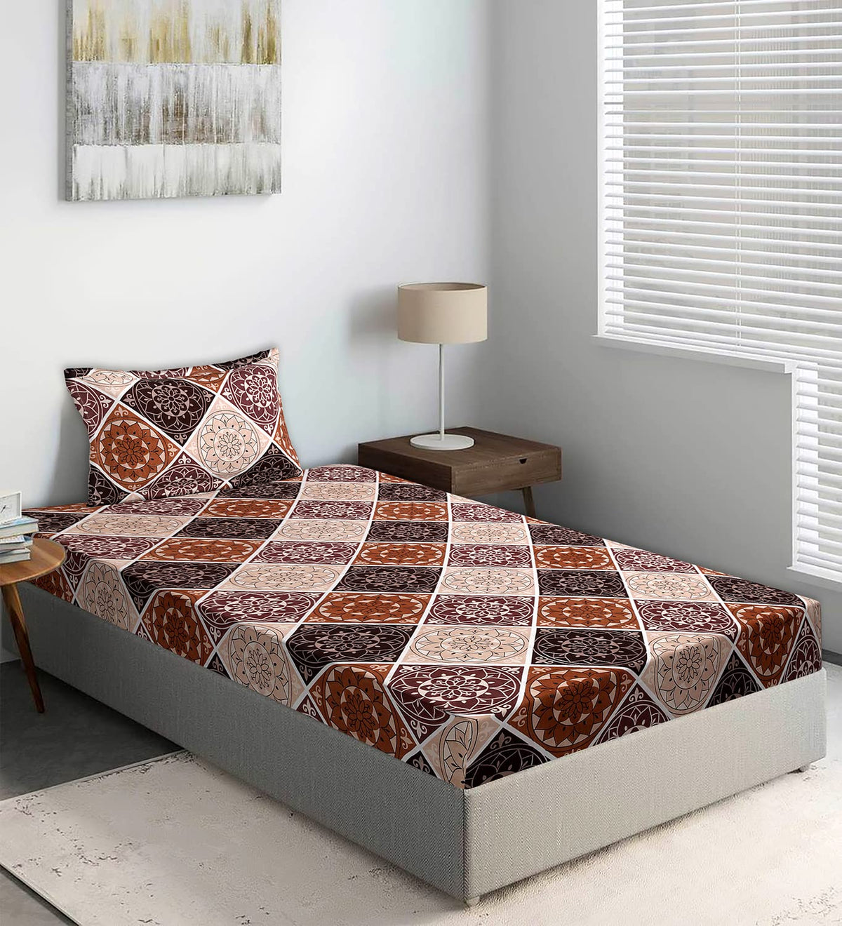 Kuber Industries Glance Cotton Rangoli Pattern Single Bedsheet with 1 Pillow Cover,90x60, (Brown)