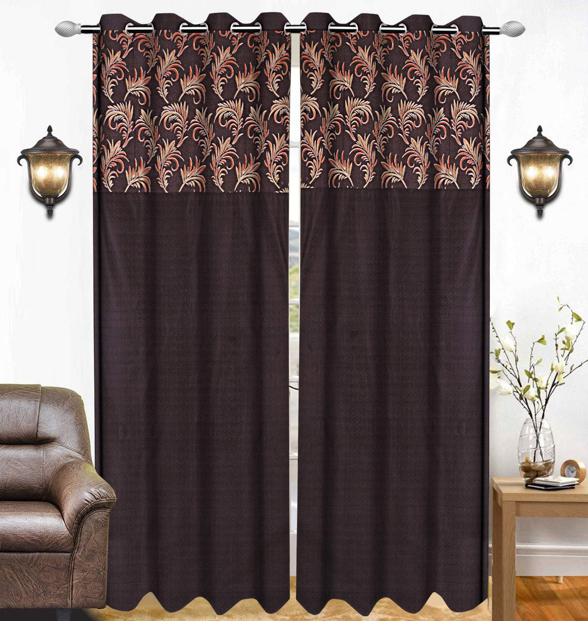 Kuber Industries Leaf Design 2 Pieces Polyester Eyelet Door Curtain 7 Feet (Coffee)-Ctktc30163