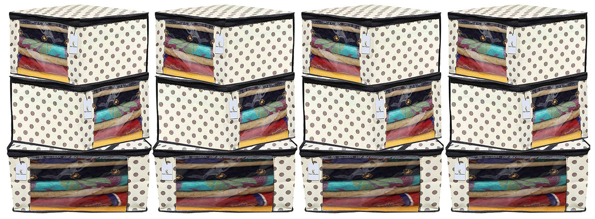 Kuber Industries Polka Dots Printed 12 Pieces Non Woven Fabric Saree Cover/Clothes Organiser for Wardrobe Set with Transparent Window, Extra Large (Ivory)-KUBMART2801