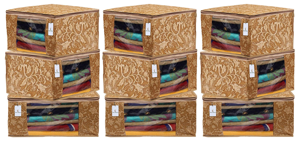 Kuber Industries Metalic Printed 9 Pieces Non Woven Fabric Saree Cover/Clothes Organiser for Wardrobe Set with Transparent Window, Extra Large (Beige)-KUBMART2792