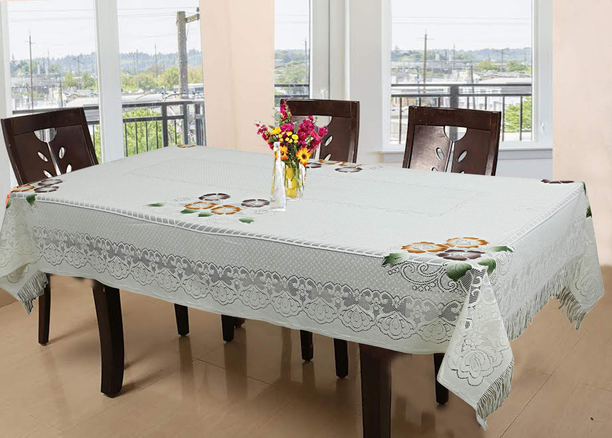 Kuber Industries Floral Cotton 6 Seater Dinning Table Cover - Cream (CTKTC03515)