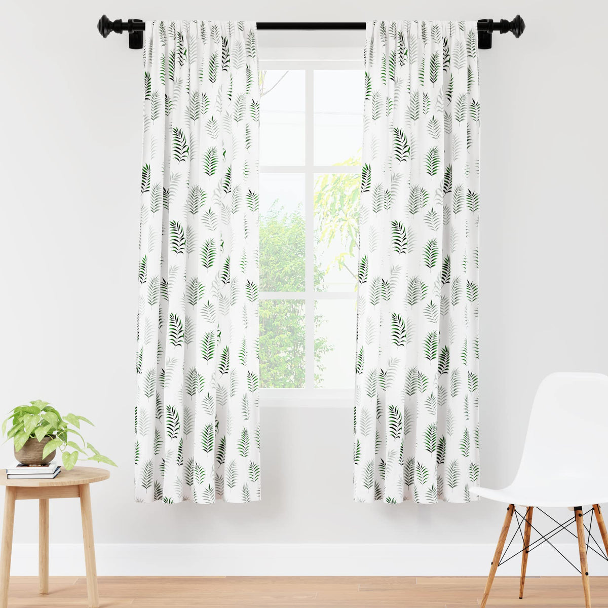 Encasa Homes Polyester Printed Window Curtain for 6 ft with Tie Back, Rod Pocket, Light-Filtering, Curtains for Kitchen, Bedroom, Living Room (140x183 cm), Palm Green, Set of 2