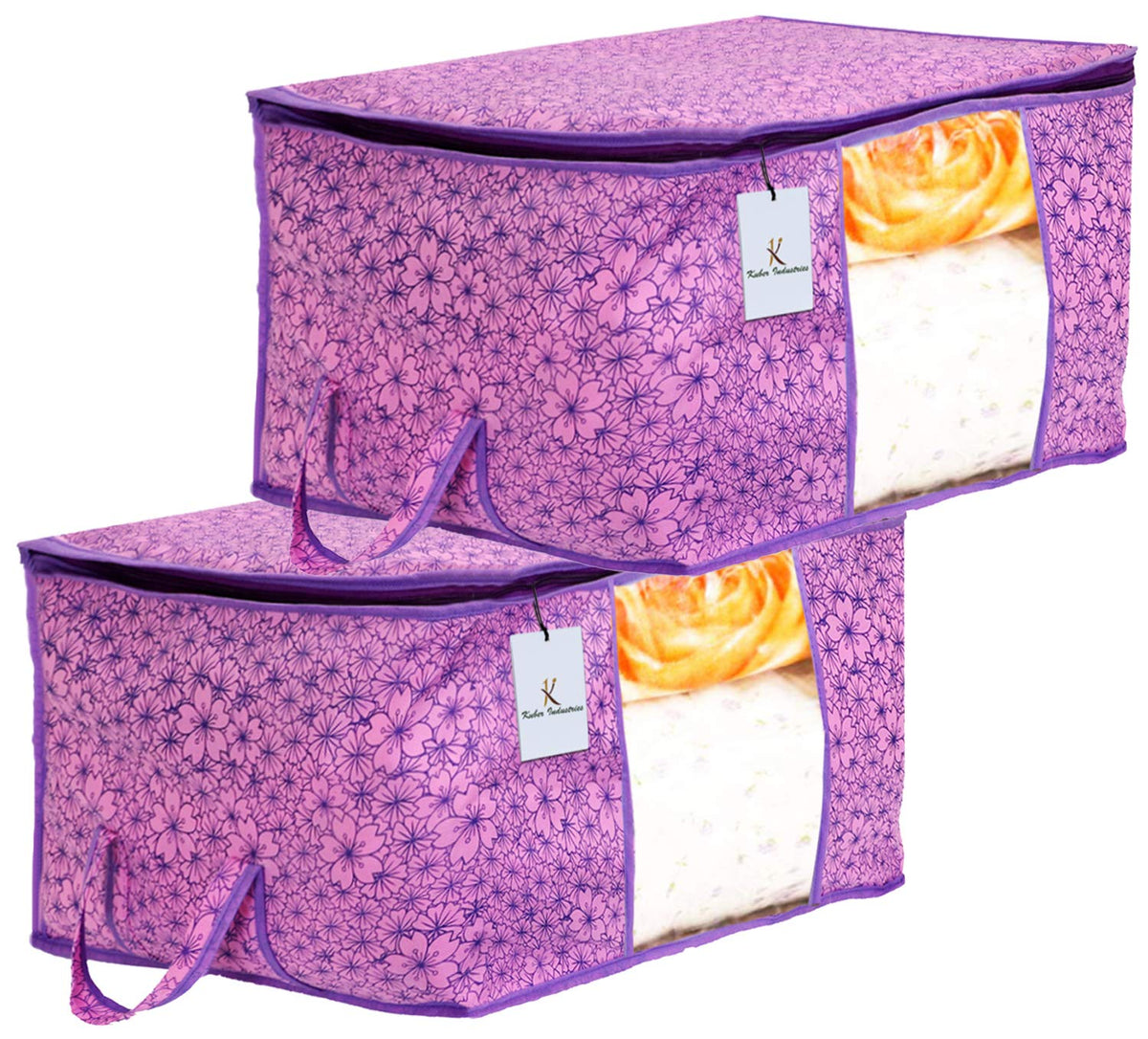 Kuber Industries Metallic Flower Design Non Woven 2 Pieces Underbed Storage Bag, Storage Organiser, Blanket Cover (Pink & Purple) - CTKTC034555