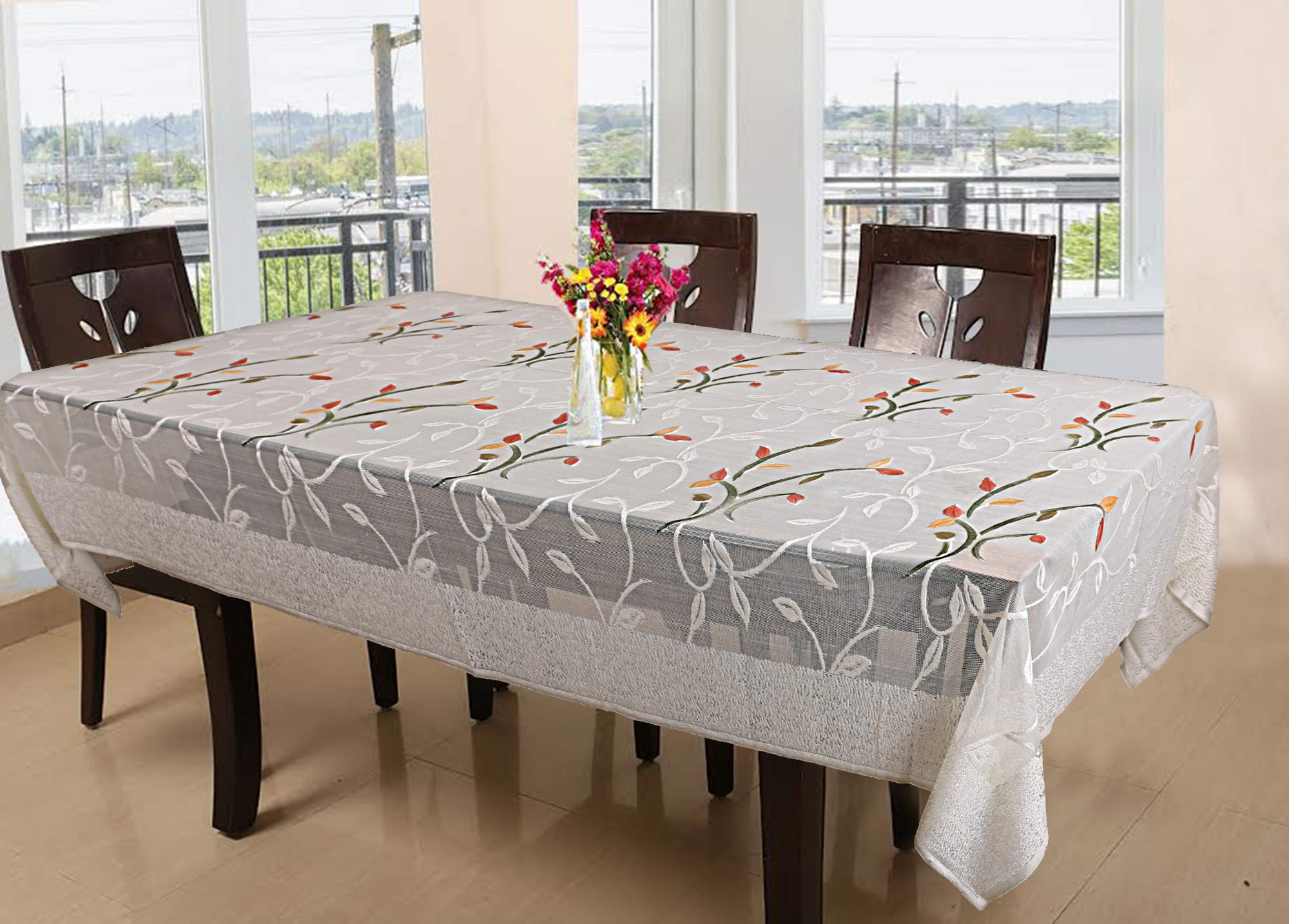 Kuber Industries Shining Leaf Design Cotton 6 Seater Dining Table Cover (Cream)