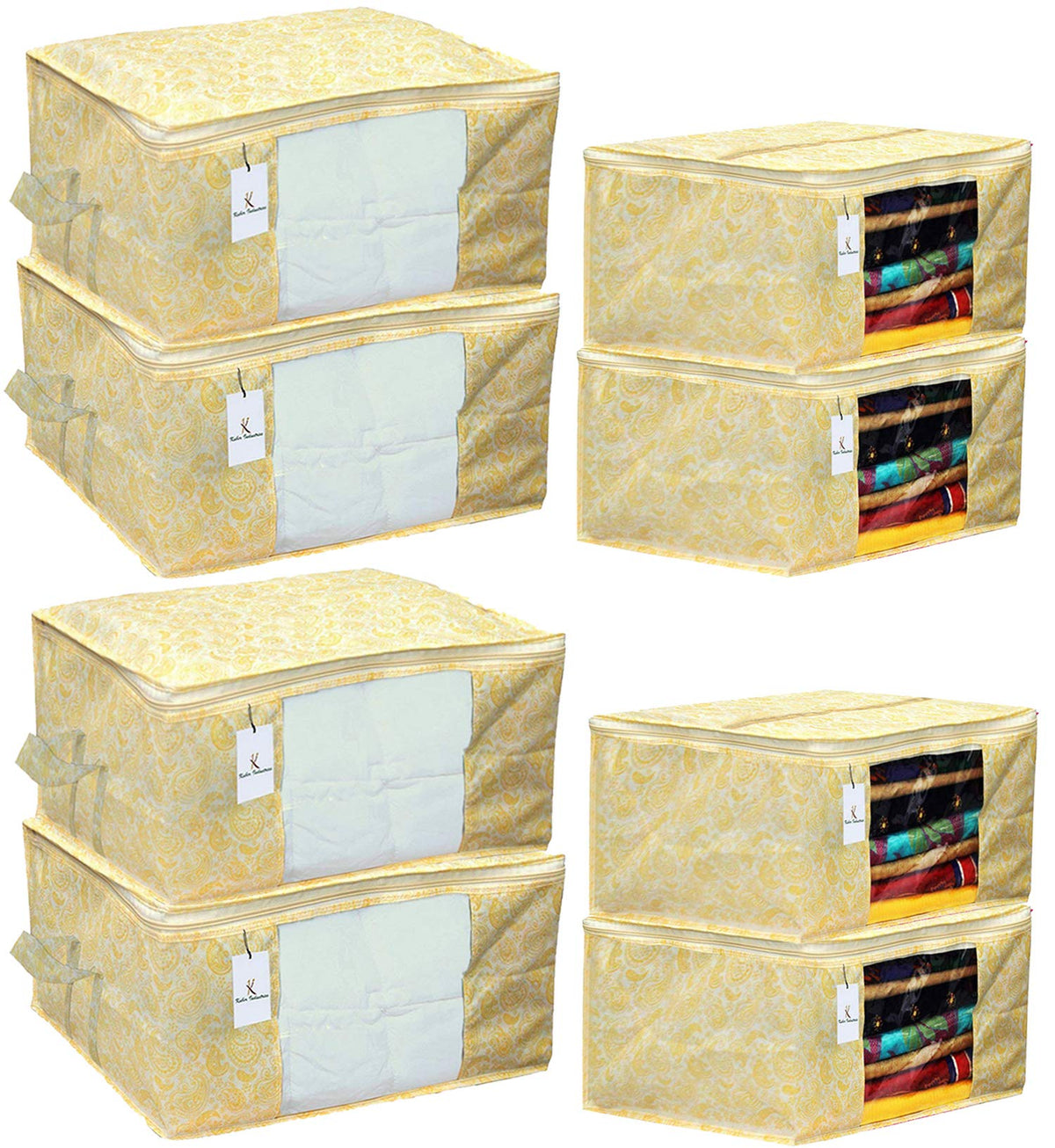 Kuber Industries Metallic Printed Non Woven 4 Pieces Saree Cover and 4 Pieces Underbed Storage Bag, Cloth Organizer for Storage, Blanket Cover Combo Set (Gold) -CTKTC38589