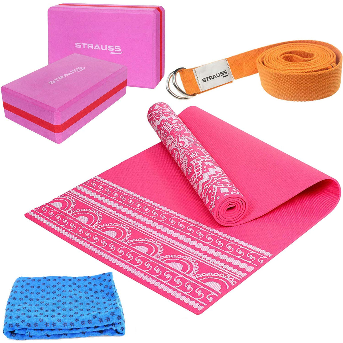 Strauss Meditation Designer Yoga Mat 5 mm (Pink), Yoga Block Dual Color  (Pink) Pair, Anti-Slip Yoga Towel (Blue) and Yoga Belt (Orange)