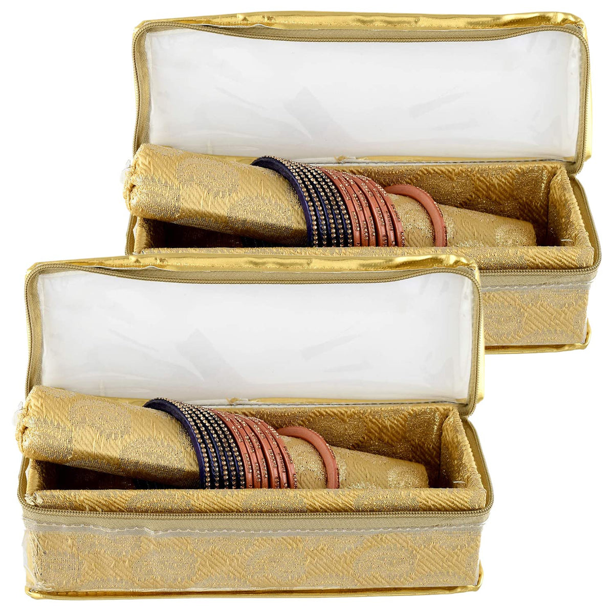 Kuber Industries Carry Design Laminated 1 Rod Box, Organizer For Bangle, Watches, Bracelets, Jewellery With Tranasparent Top - Pack of 2 (Gold)-47KM028