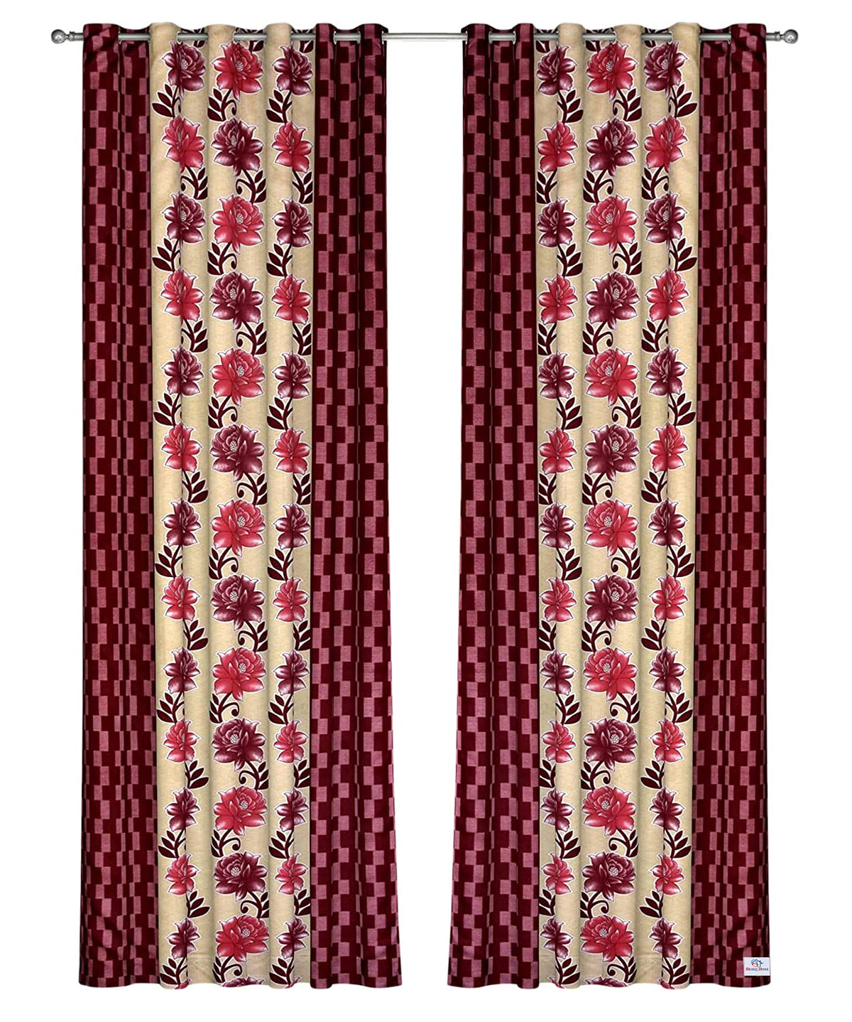 Heart Home Flower Printed 7 Feet Privacy Protection Door Curtain Patio Door Curtain with 8 Eyelet- Pack of 2 (Pink)