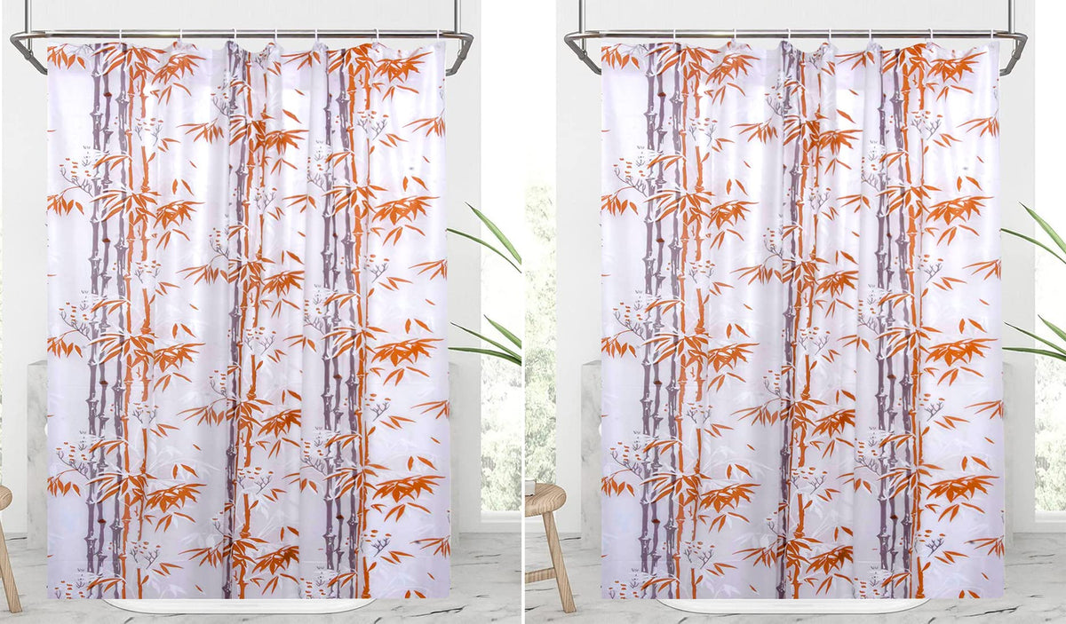 Kuber Industries Bamboo Printed PVC AC/Shower Curtain with Hooks,7 Feet- Pack of 2 (Orange)