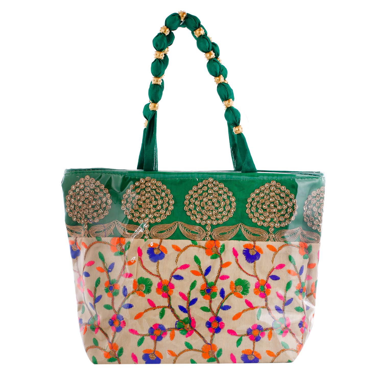 Kuber Industries Floral Design Silk Laminated Embroidered Women's Handbag (Green) - CTKTC23125