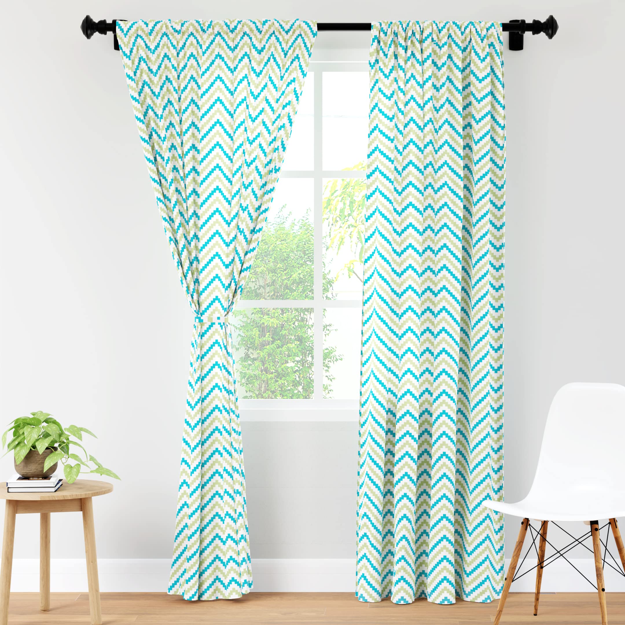 Encasa Homes Polyester Printed Long Door Curtain for 8 ft with Tie Back, Rod Pocket, Light-Filtering, Curtains for Kitchen, Bedroom, Living Room (140x244 cm), Chevron 1 Green, Set of 2