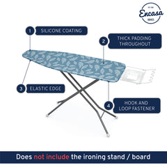 Encasa Homes Ironing Board Cover with 3mm Thick Felt Pad for Steam Press (Fits Standard Medium Boards of 112x34 cm) Heat Reflective, Scorch & Stain Resistant, Printed - Big Leaves Blue