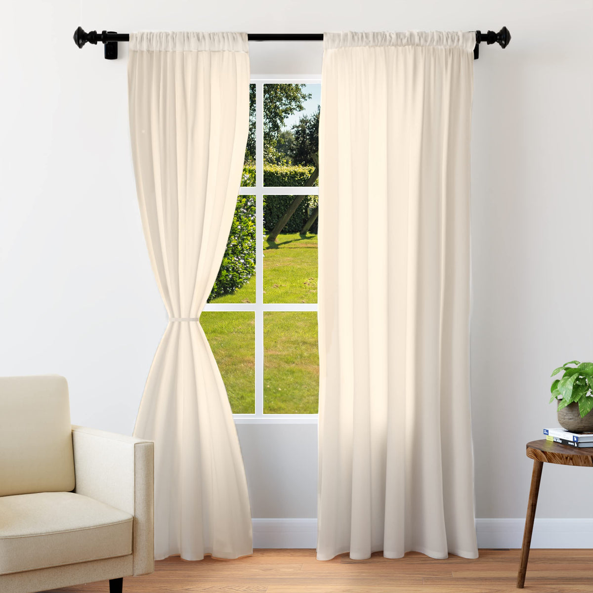 Encasa Homes Polyester Solid Curtains with Tie Back, 9 ft Long Door Panel Set of 2 - Cream Poly, Rod Pocket, Light-Filtering, Curtains for Door, Bedroom, Living Room