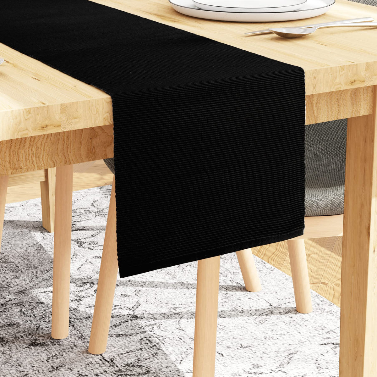 Encasa Homes Table Runner For 4 seater Dining - Solid Black | Fine Ribbed Cotton| Size 33x150 cm | Decorative Cloth For Home, Cafes, Restaurants & Hotels - Machine Washable
