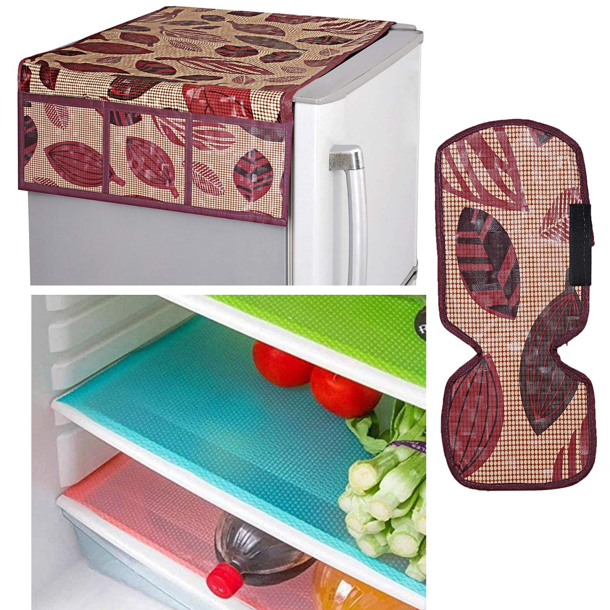 Kuber Industries PVC 3 Pieces Fridge Mats, 1 Piece Handle Cover and 1 Piece Fridge Top Cover (Brown)-CTKTC14616