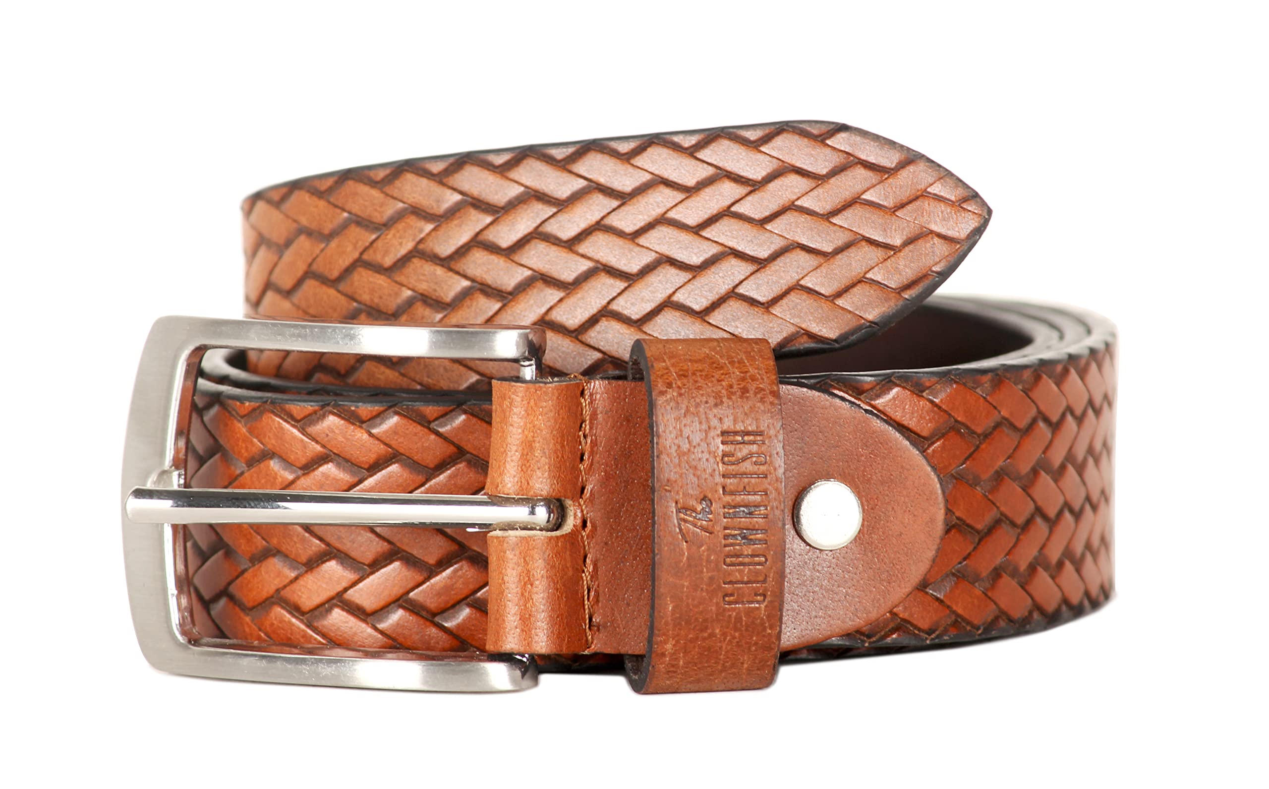THE CLOWNFISH Men's Genuine Leather Belt with Textured/Embossed Design-Copper Brown (Size-32 inches)