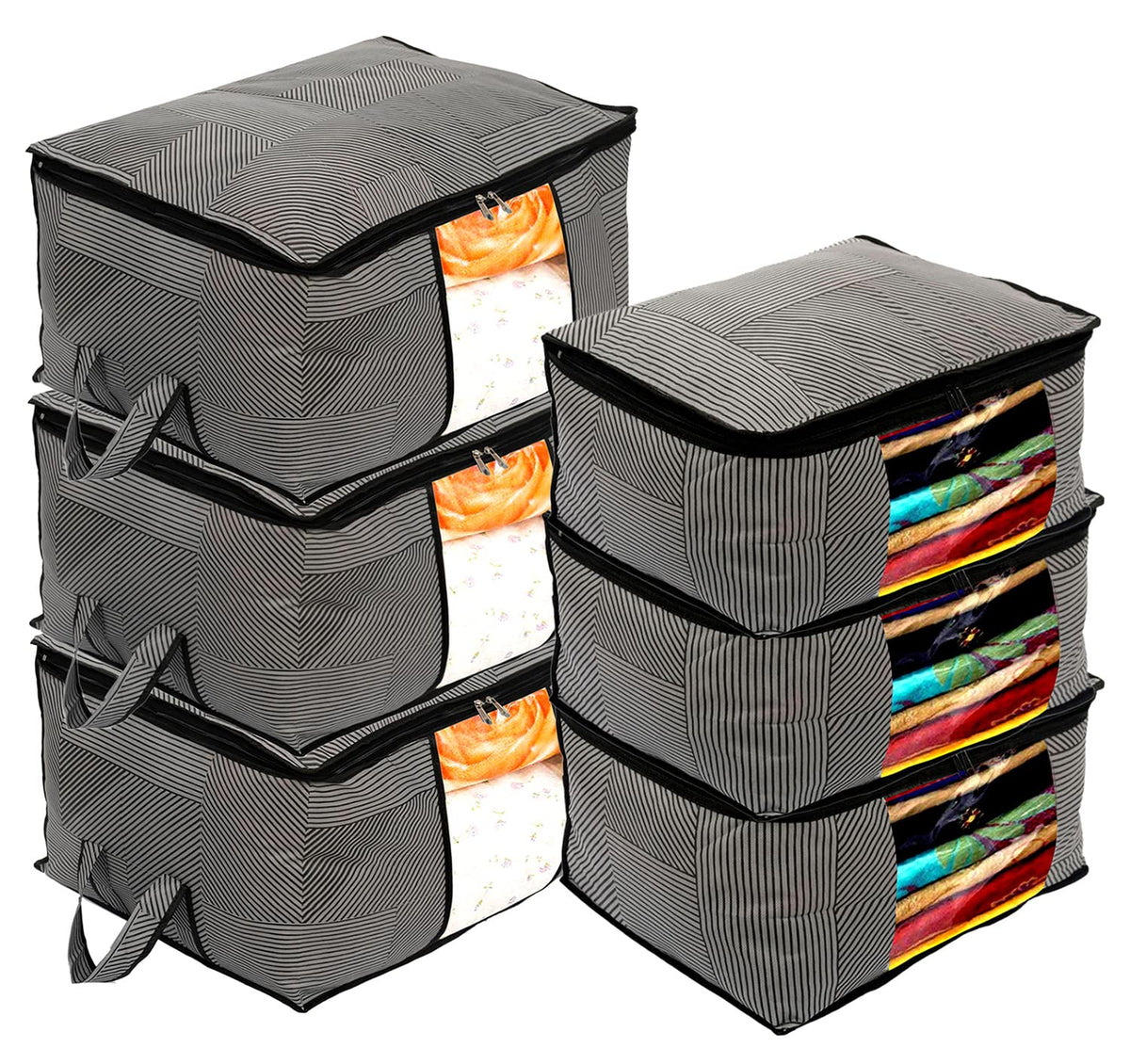 Kuber industries Non-Woven Lining Print 3 Pieces Underbed Storage Bag & 3 Pieces Saree Cover With Transparent Window, Pack of 6 (Gray)