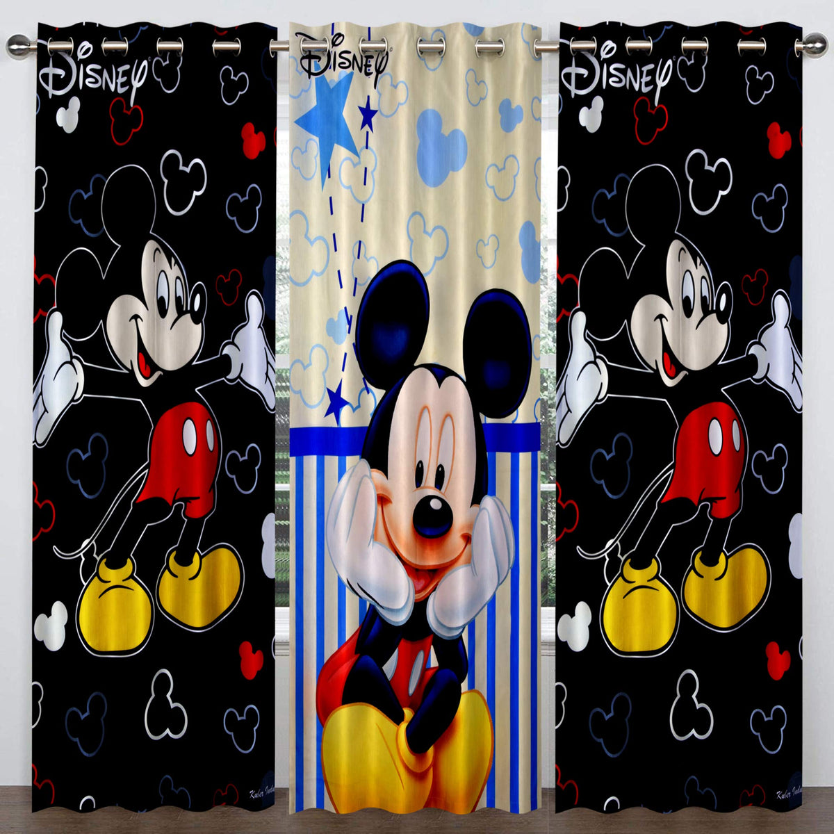 Kuber Industries Disney Mickey Print 3 Pieces Polyester Special Blackout Long Crush Eyelet Door Curtain 7 Feet (Black & Cream)-Kubermart73