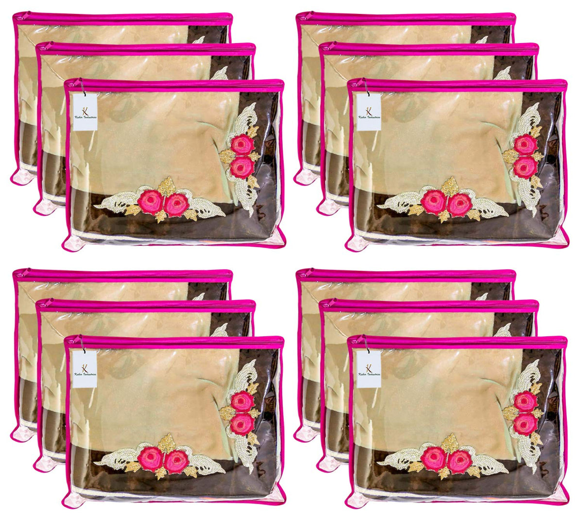 Kuber Industries Single Saree Covers With Zip|Saree Packing Covers For Wedding|Saree Cover Set Of 12 (Pink)
