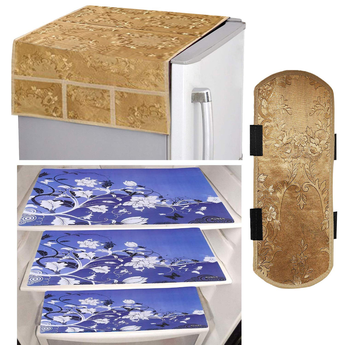 Kuber Industries PVC 3 Pieces Fridge Mats, 1 Piece Handle Cover and 1 Piece Fridge Top Cover (Gold)-CTKTC14557