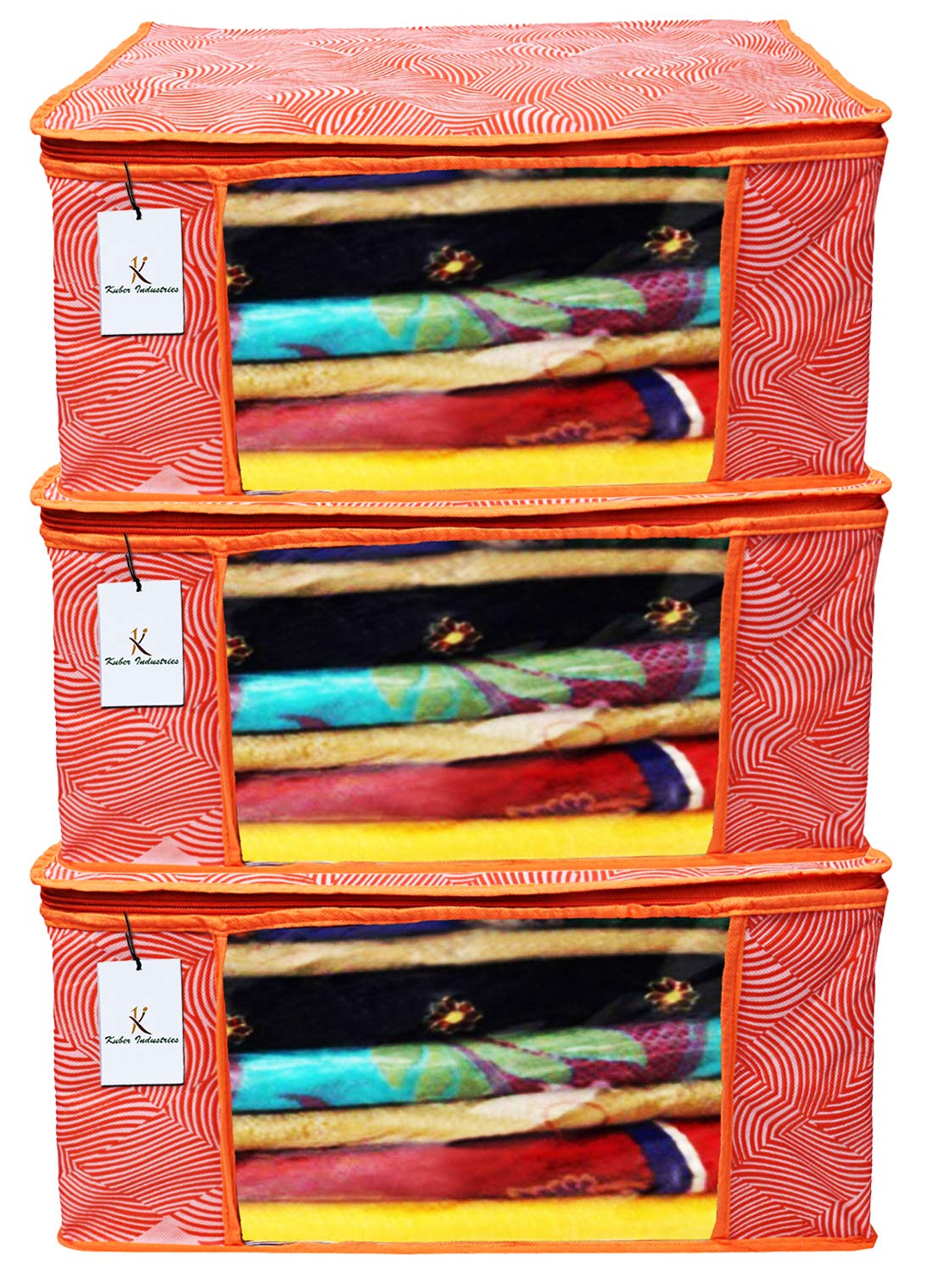 Kuber Industries Leheriya Design 3 Piece Non Woven Saree Cover, Large, Orange - CTKTC15185