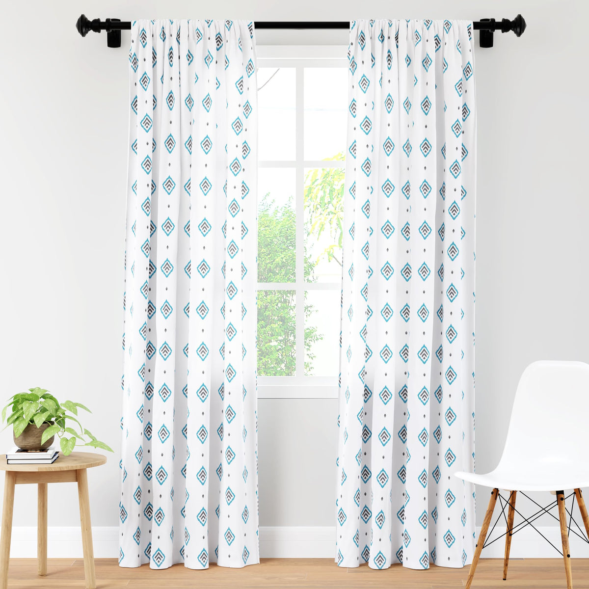 Encasa Homes Polyester Printed Long Door Curtain for 9 ft with Tie Back, Rod Pocket, Light-Filtering, Curtains for Kitchen, Bedroom, Living Room (140x274 cm), Diamond Turq, Set of 2