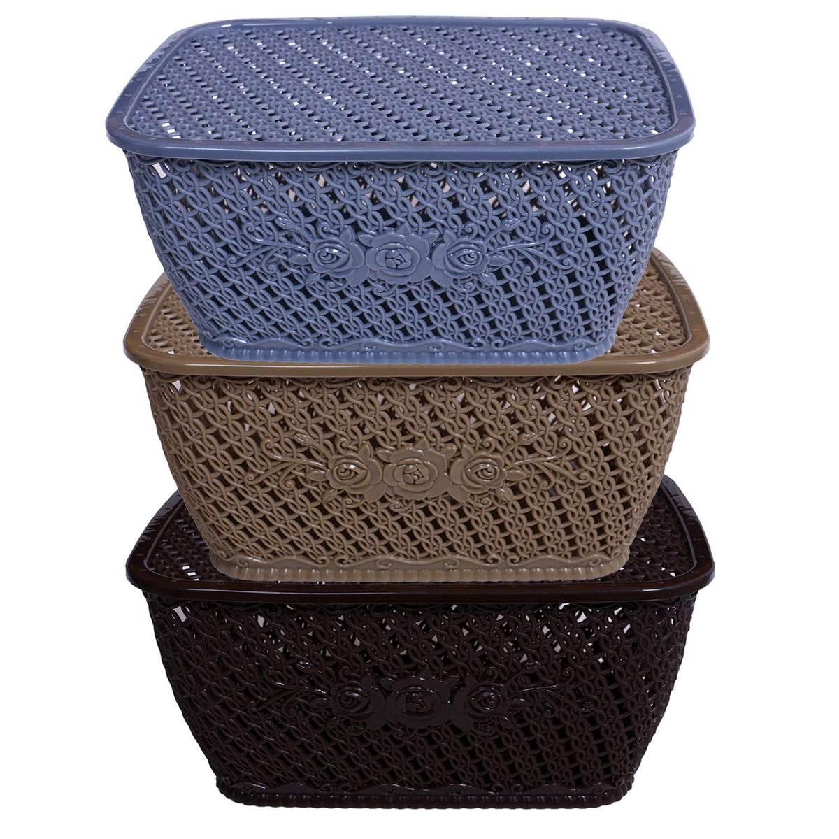 Kuber Industries Plastic 2 Pieces Small Size Multipurpose Solitaire Storage Basket for Kitchen, Office, Bedroom, Bath Room with Lid (Coffee & Cream) CTKTC34278