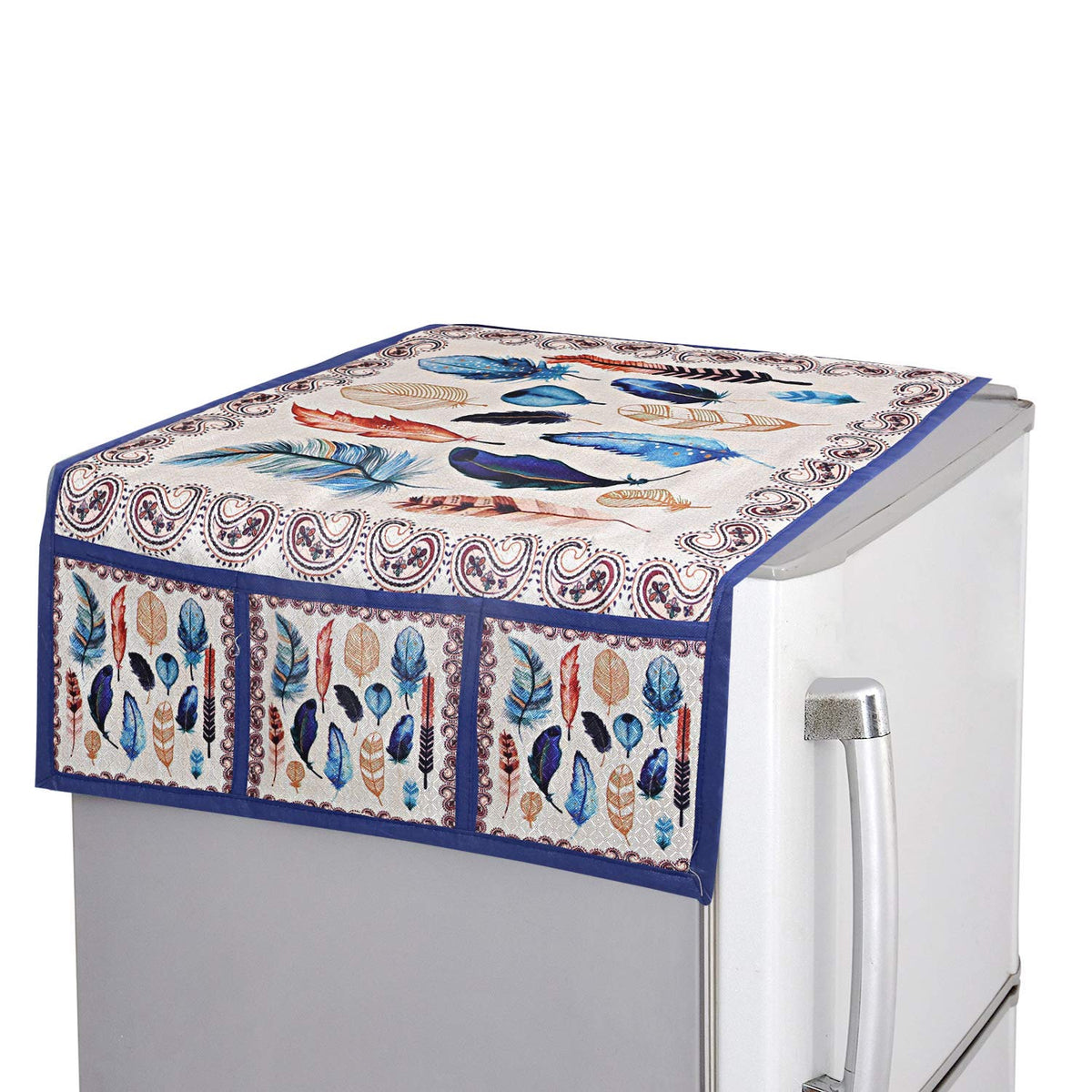 Kuber Industries Fridge Top Cover with 6 Utility Side Pockets|Birds Wings Design & Cotton Material| Size 94 x 54 CM (Cream and Blue)-CTKTC032705