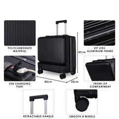 THE CLOWNFISH Jetsetter Series Carry-On Luggage Polycarbonate Hard Case Suitcase Eight Spinner Wheel 14 inch Laptop Trolley Bag with TSA Lock & USB Charging Port- Black (47 cm-18.5 inch)