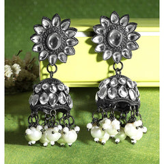 Yellow Chimes Black Gun Plated Flower Design Traditional Stone Jhumka Earrings for Women And Girls, Medium (Model Number: YCTJER-88STFLWJH-WH)
