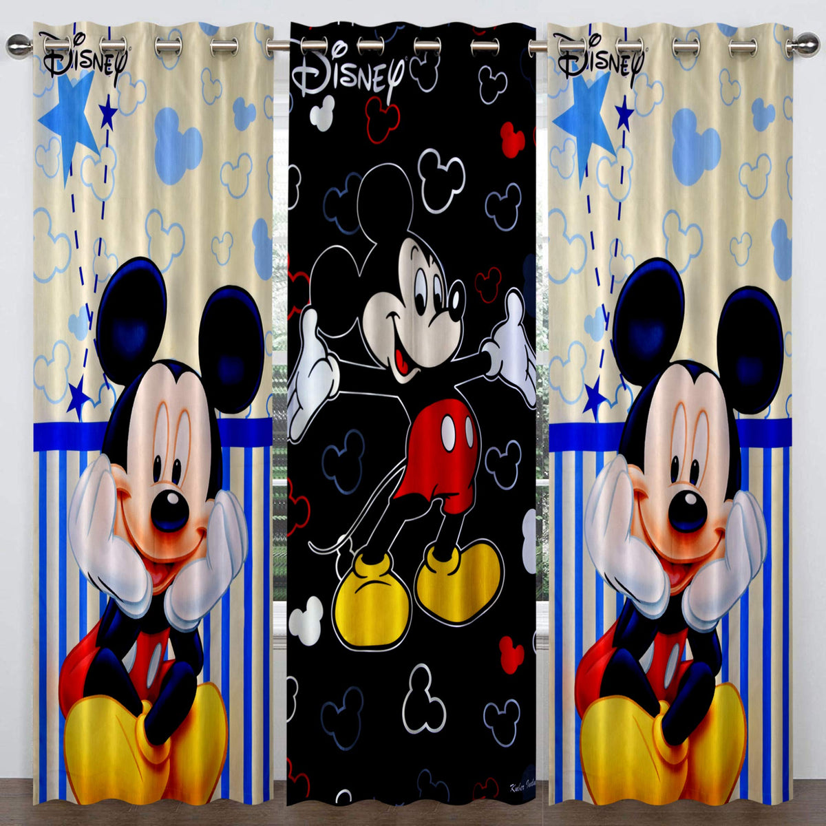 Kuber Industries Disney Mickey Print 3 Pieces Polyester Special Blackout Long Crush Eyelet Door Curtain 7 Feet (Black & Cream)-KUBMART74