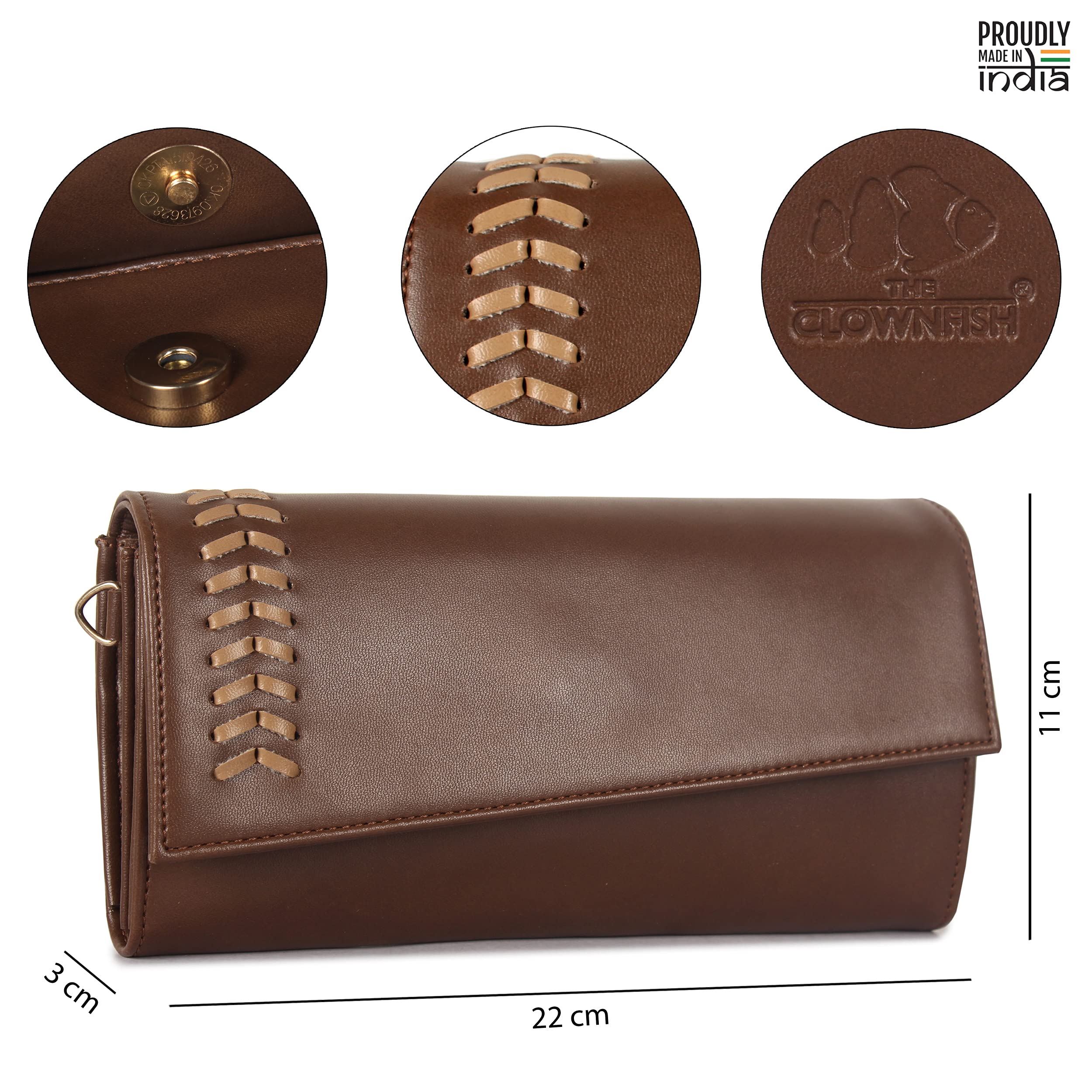 THE CLOWNFISH Myra Collection Womens Wallet Clutch Ladies Purse Sling Bag with Card slots (Brown)