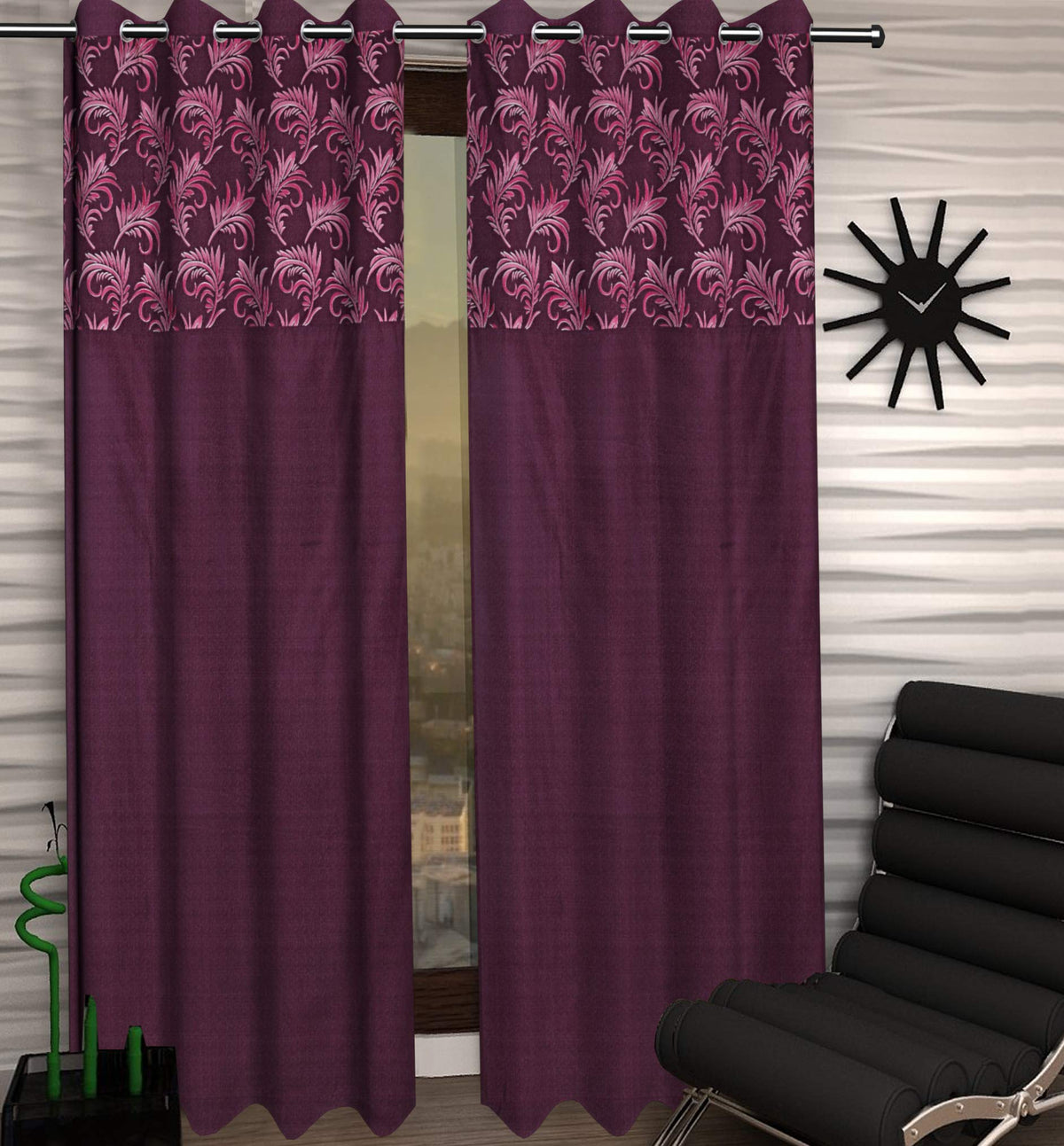 Kuber Industries Leaf Design 1 Piece Polyester Eyelet Door Curtain 7 Feet (Pink)-Ctktc14157