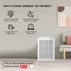 Coway Professional Air Purifier for Home, Longest Filter Life 8500 Hrs, Green True HEPA Filter, Traps 99.99% Virus & PM 0.1 Particles, Warranty 7 Years (AirMega 150 (AP-1019C))