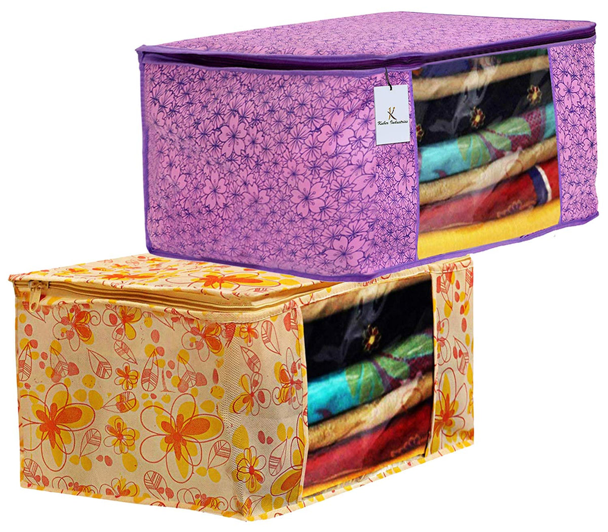 Kuber Industries Metalic Printed 2 Piece Non Woven Fabric Saree Cover Set with Transparent Window, Extra Large, Pink Purple & Ivory Red -CTKTC040777