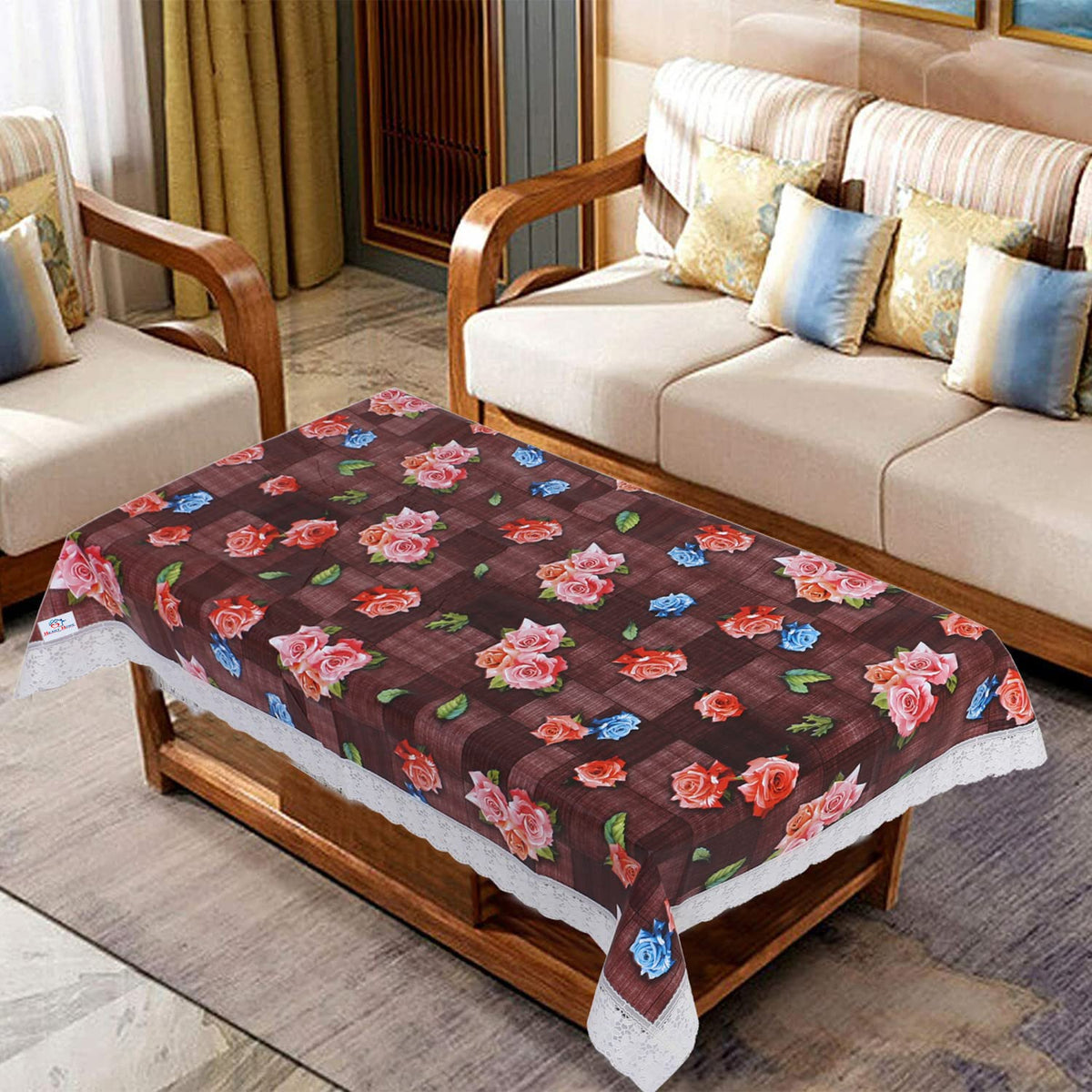Heart Home Center Table Cover|Luxurious Rose Floral Pattern PVC Tablecloth|Slip Resistant Protector Table Top Cover with Seamlace Border, 40x60 Inch (Maroon)