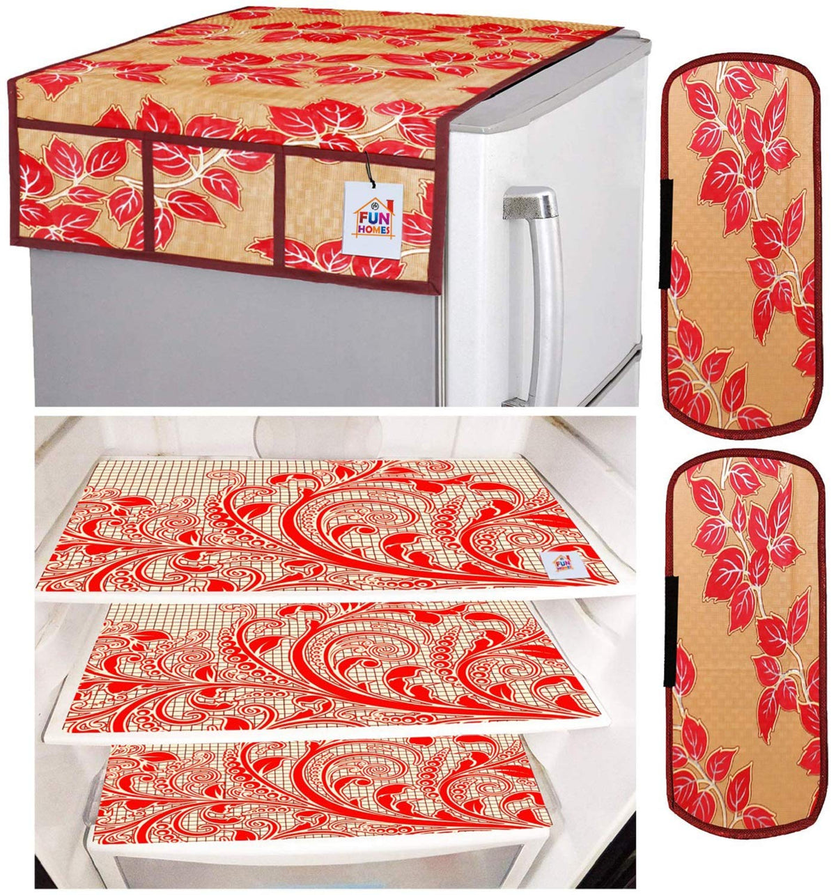 Fun Homes Leaf Design 3 Pieces PVC Fridge Mats,2 Piece Handle Cover and 1 Piece Fridge Top Cover (Gold & Red), Standard (Fun0170)