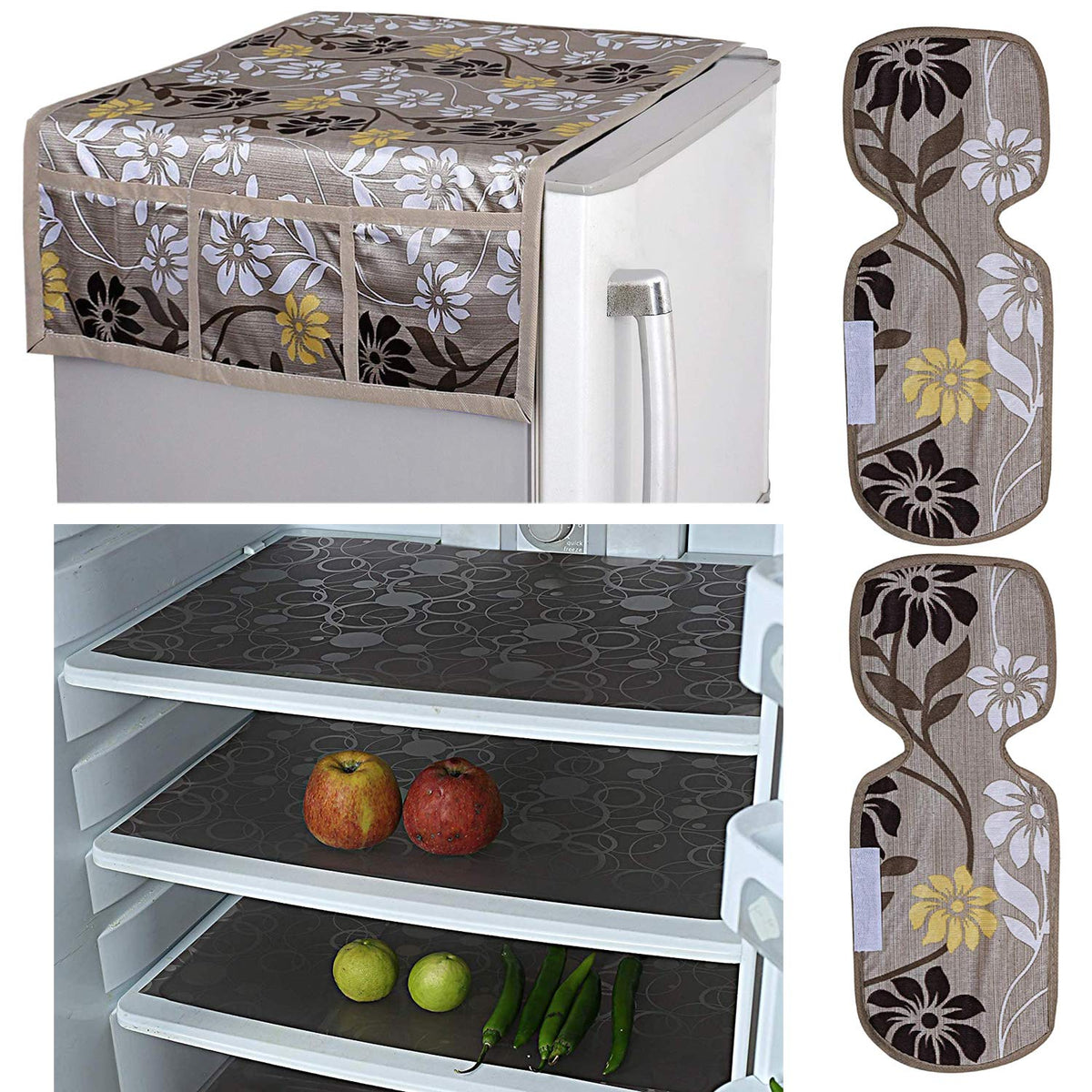 Kuber Industries Flower Design Combo PVC 3 Pieces Fridge Mats, 2 Piece Handle Cover and 1 Piece Fridge Top Cover(Gold)