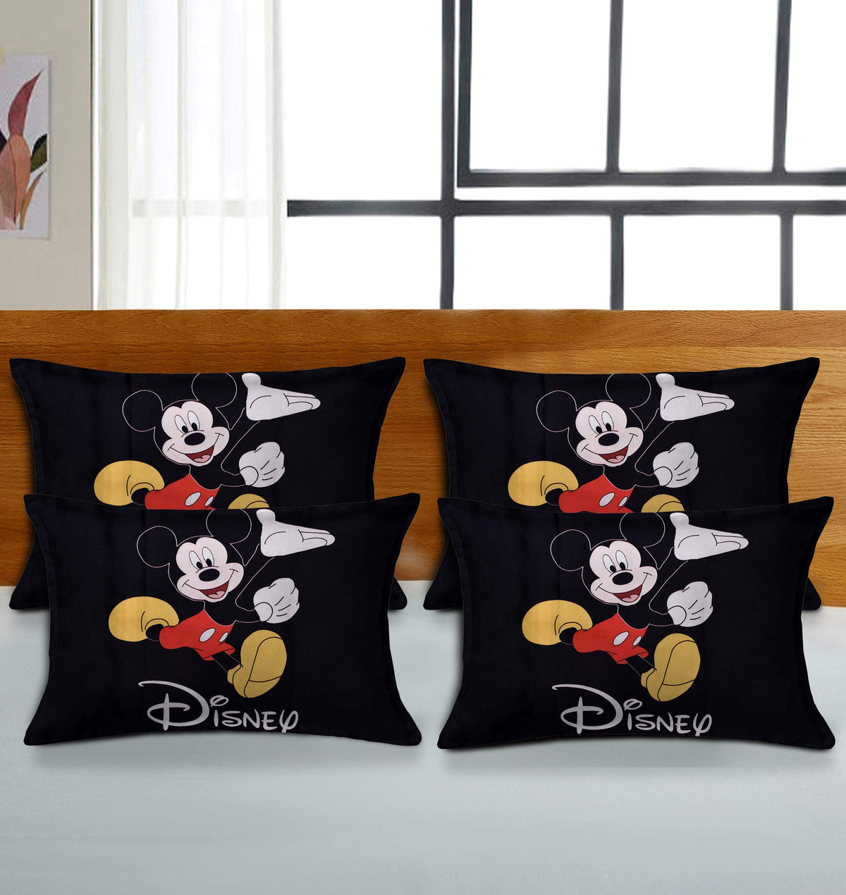 Kuber Industries Disney Mickey Print Silk Special Long Crush Pillow Cover- Set of 4, Black-KUBMART0182