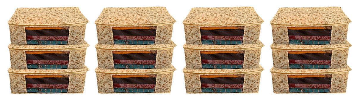 Kuber Industries Metalic Print 12 Piece Non woven Saree Cover Set, Brown