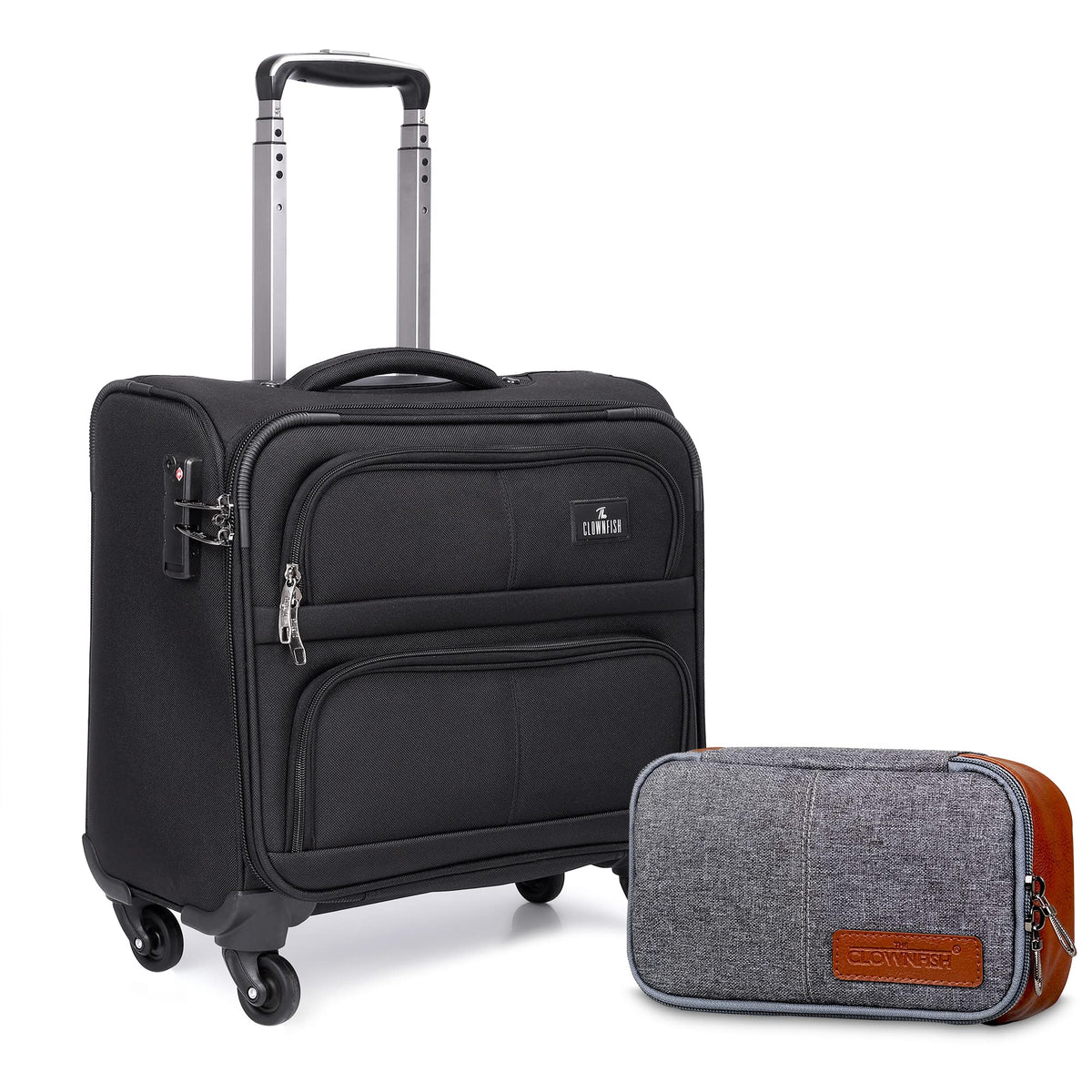 The Clownfish Set of Wanderer Laptop Roller Case with Toiletry Kit (Jet Black) Polyester
