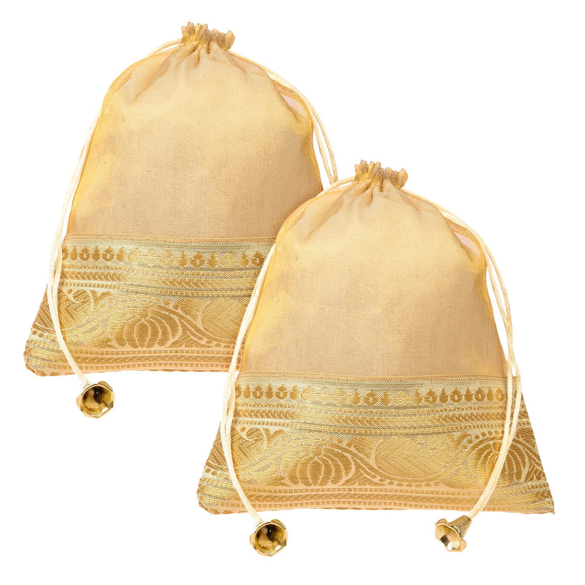 Kuber Industries Potli | Tissue Fabric with Banarasi Border | Wallet Potli | Traditional Indian Drawstring Bags for Wedding | Shagun | 7x9 Inch | Pack of 2 | Golden