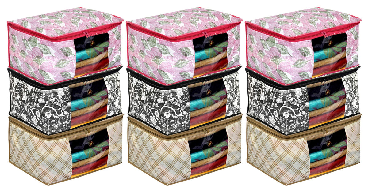 Kuber Industries Metalic Print 9 Piece Non Woven Fabric Saree Cover Set with Transparent Window, Extra Large (Ivory & Black & Pink)-KUBMART16572