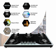 SunFlare Toughened Glass | Die Cast Alloy Tornado Burner | ISI Certified | Door Step Service Warranty | Hob Top Gas Stove 5 Burner