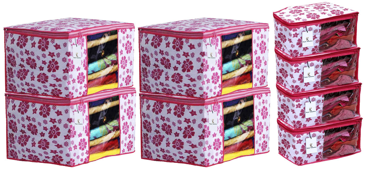 Kuber Industries Flower Design Non Woven 4 Piece Saree Cover/Cloth Wardrobe Organizer and 4 Pieces Blouse Cover Combo Set (Pink) -CTKTC038441