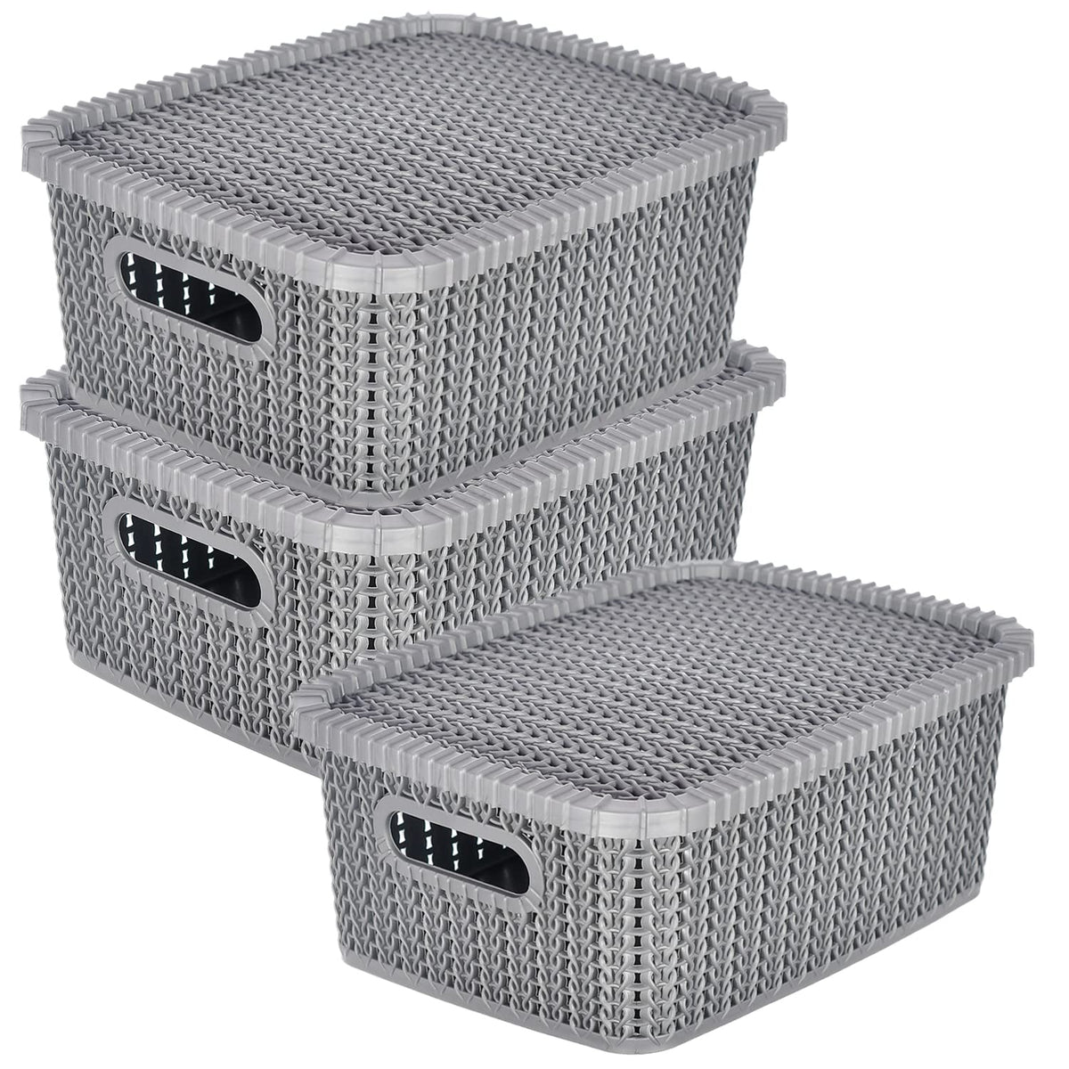 Heart Home Multiuses Large M 20 Plastic Basket/Organizer With Lid- Pack of 3 (Grey) -46HH073