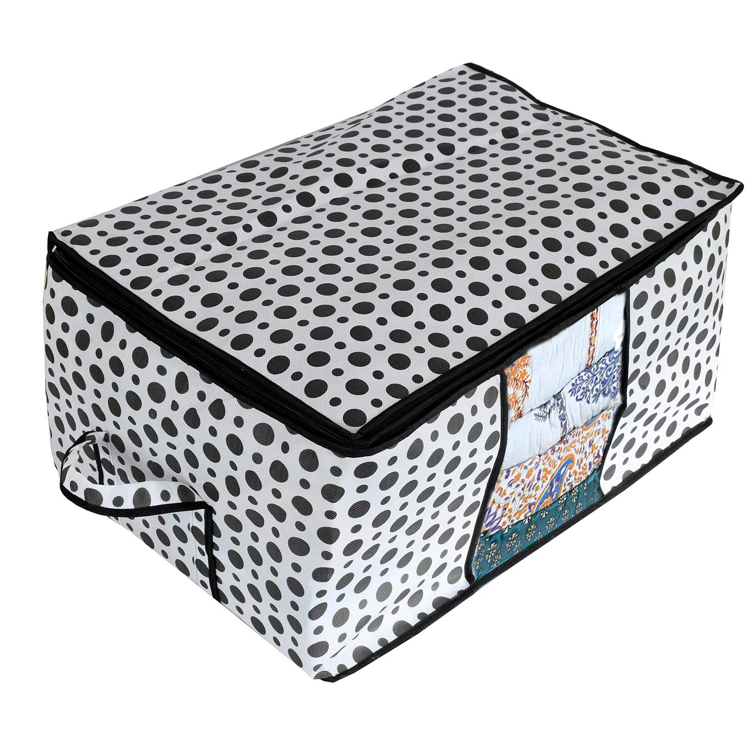 Kuber Industries Polka Dots Design Non Woven Underbed Storage Bag, Cloth Organiser, Blanket Cover with Transparent Window (Black & White) -CTKTC38100