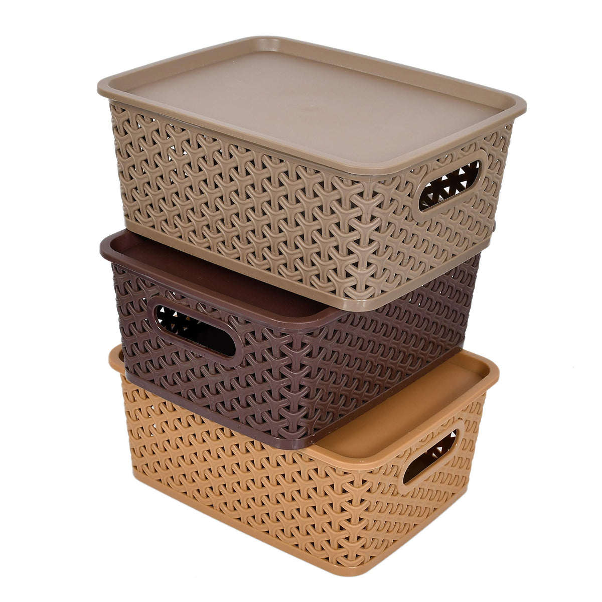 Fun Homes Plastic 3 Pieces Medium Size Multipurpose Solitaire Storage Basket with Lid (Multi)