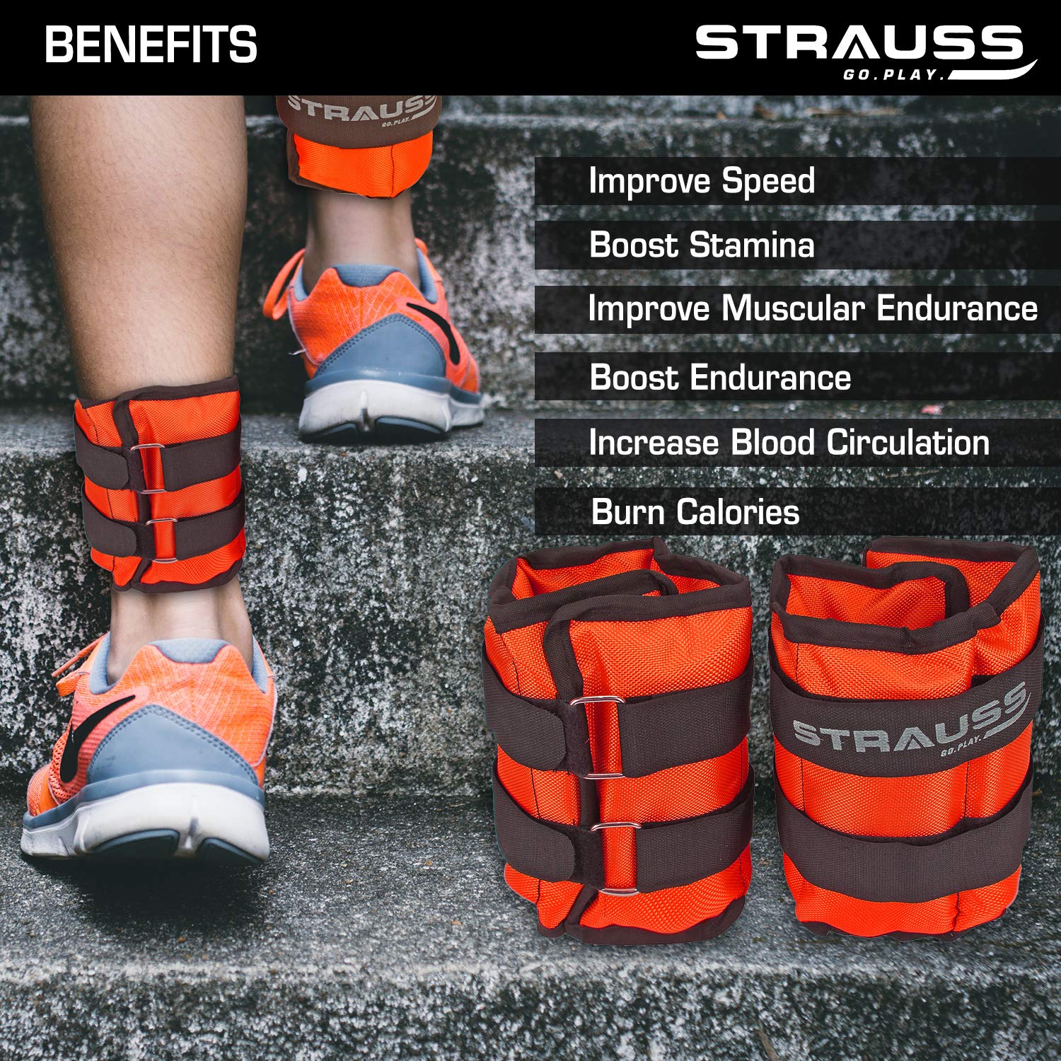 Strauss Adjustable Ankle/Wrist Weights 1.5 KG X 2 | Ideal for Walking, Running, Jogging, Cycling, Gym, Workout & Strength Training | Easy to Use on Ankle, Wrist, Leg, (Orange)